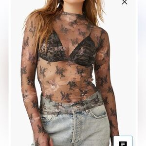 Free People Printed Lady Sheer Embroidered Long Sleeve Top